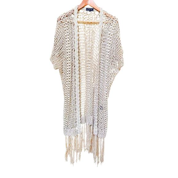 Pol Crochet Coverup Cardigan sz S Beige Boho Fringe Vacation Beach Pool Party - Picture 1 of 8